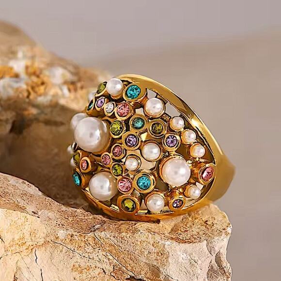 Gold Plated Multicolor Zircon, Pearl Statement Ring - Picture 2 of 7